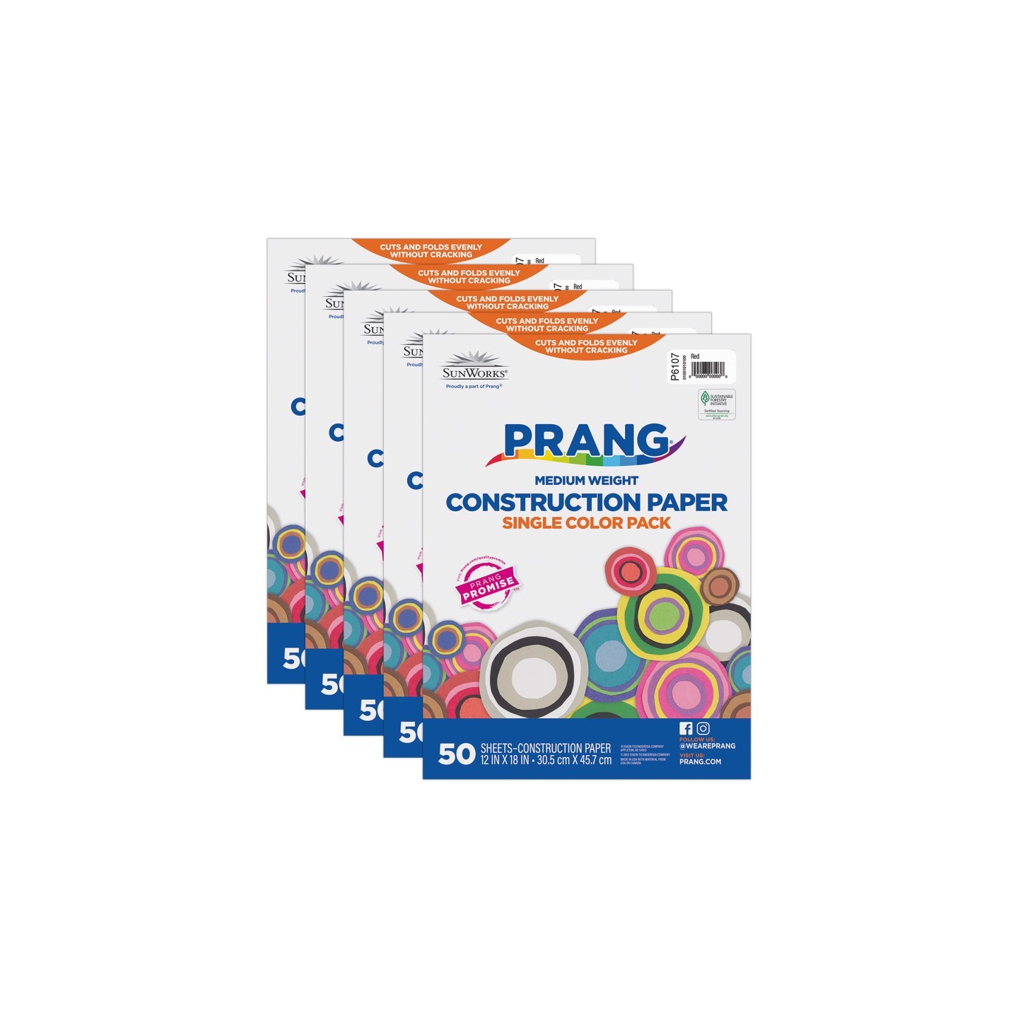 Prang® Construction Paper, Medium Weight, Red, 12" x 18", 50 Sheets Per Pack, 5 Packs