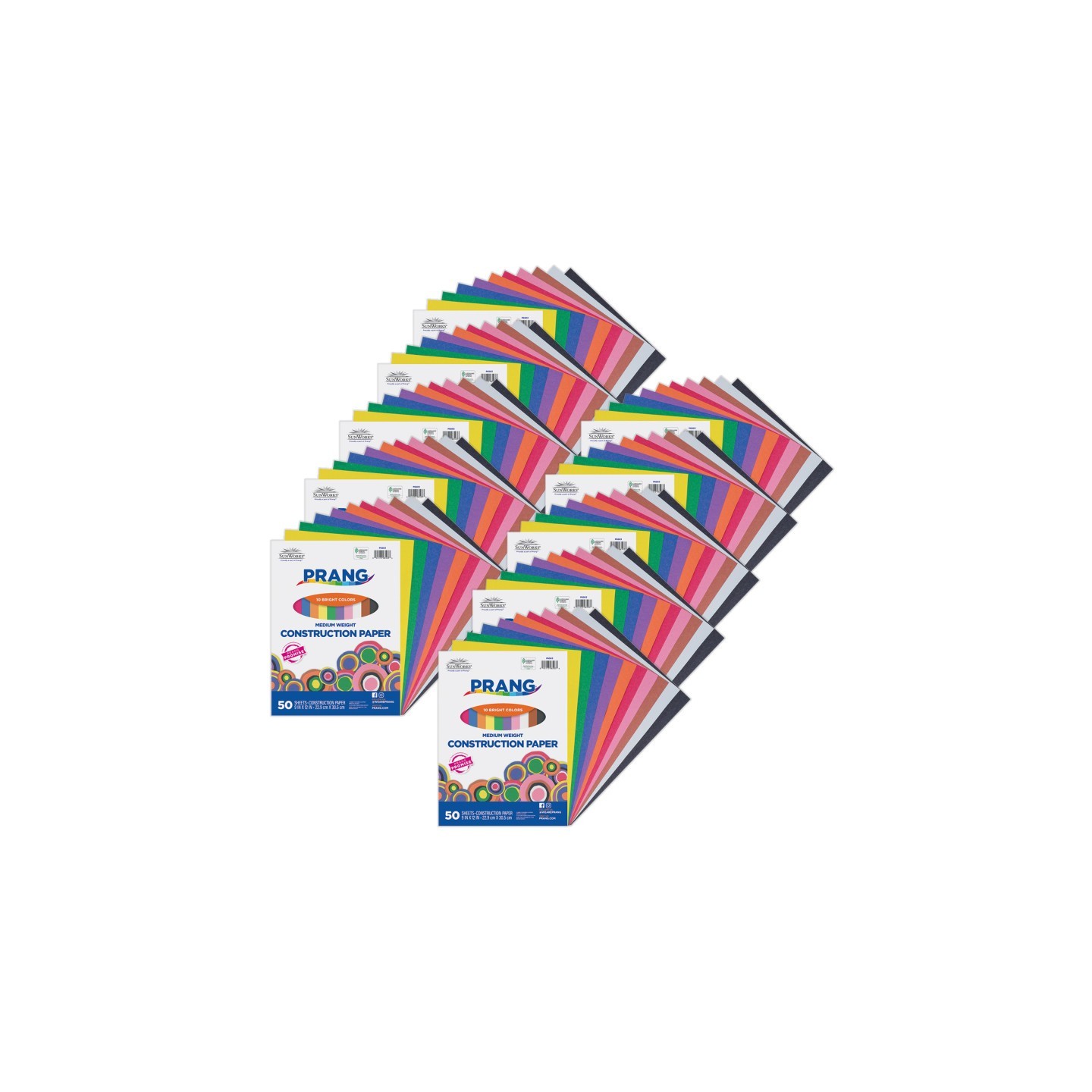Prang® Construction Paper, Medium Weight, 10 Assorted Colors, 9" x 12", 50 Sheets Per Pack, 10 Packs
