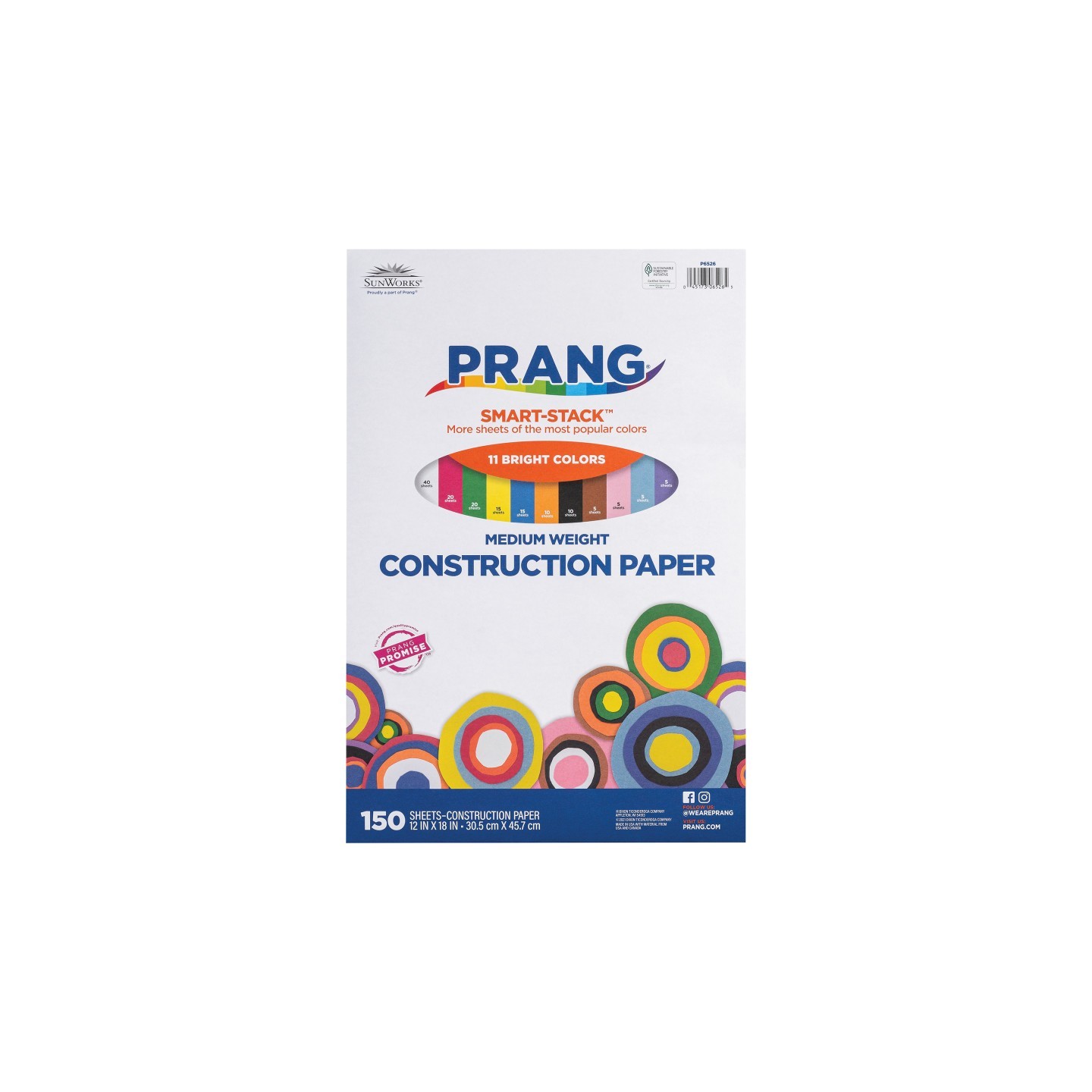 Prang® Smart Stack™ Construction Paper, Medium Weight, 11 Assorted Colors, 12" x 18", 150 Sheets