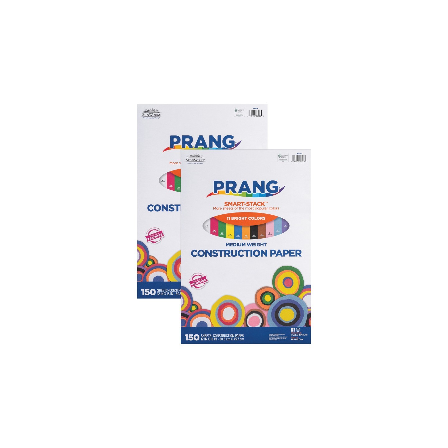 Prang® Smart Stack™ Construction Paper, Medium Weight, 11 Assorted Colors, 12" x 18", 150 Sheets Per Pack, 2 Packs