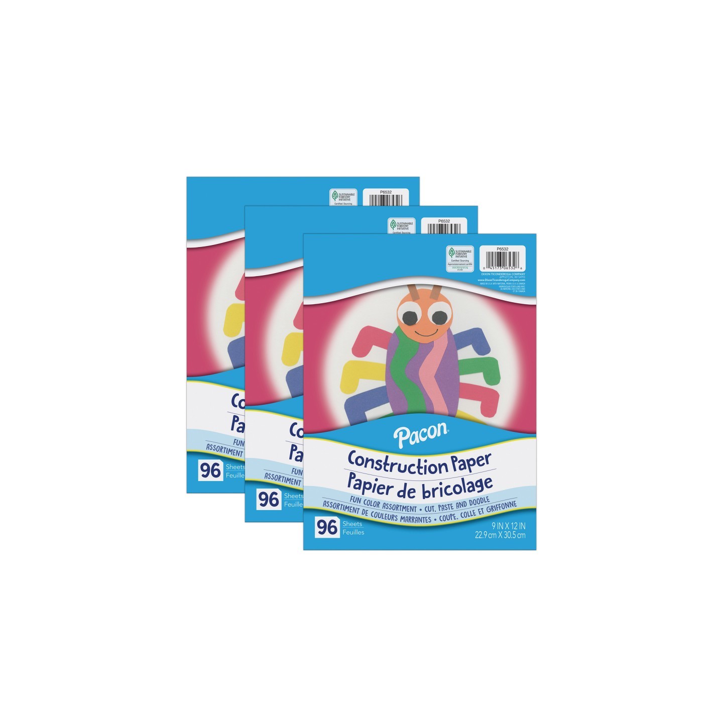 Pacon® Construction Paper, Lightweight, Assorted Colors, 9" x 12", 96 Sheets Per Pack, 3 Packs