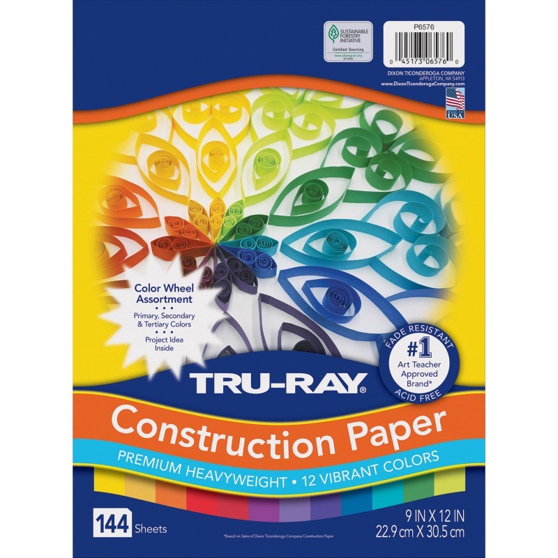 Tru-Ray® Construction Paper, Heavyweight, Color Wheel Assortment, 12 Vibrant Colors, 9" x 12", 144 Sheets