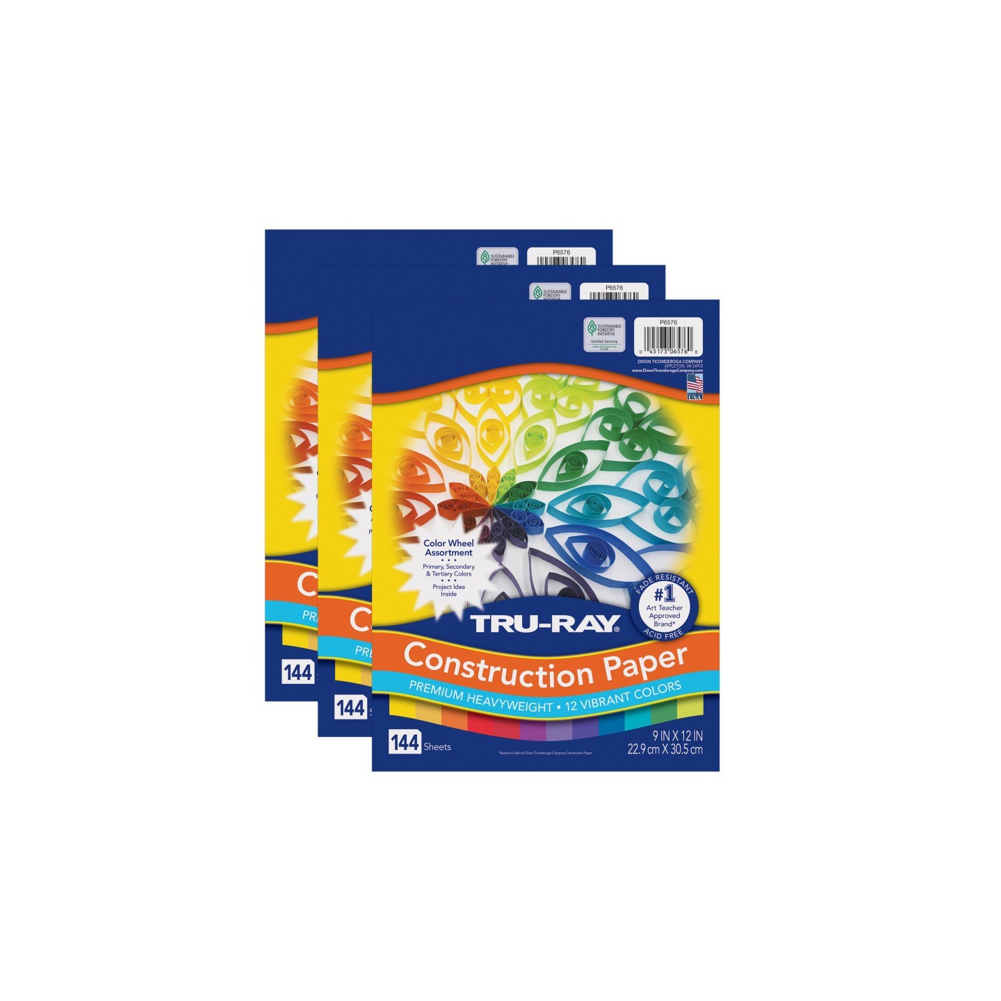 Tru-Ray® Construction Paper, Heavyweight, Color Wheel Assortment, 12 Vibrant Colors, 9" x 12", 144 Sheets Per Pack, 3 Packs