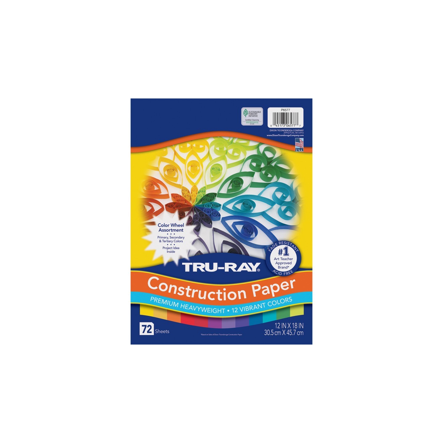 Tru-Ray® Construction Paper, Heavyweight, Color Wheel Assortment, 12 Vibrant Colors, 12" x 18", 72 Sheets