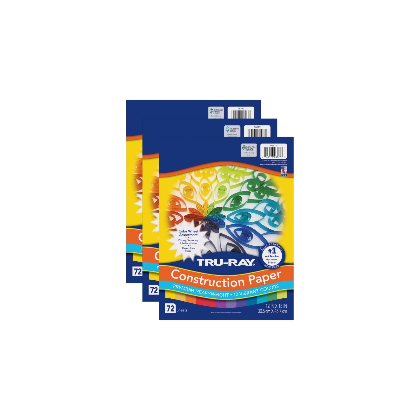 Tru-Ray® Construction Paper, Heavyweight, Color Wheel Assortment, 12 Vibrant Colors, 12" x 18", 72 Sheets Per Pack, 3 Packs