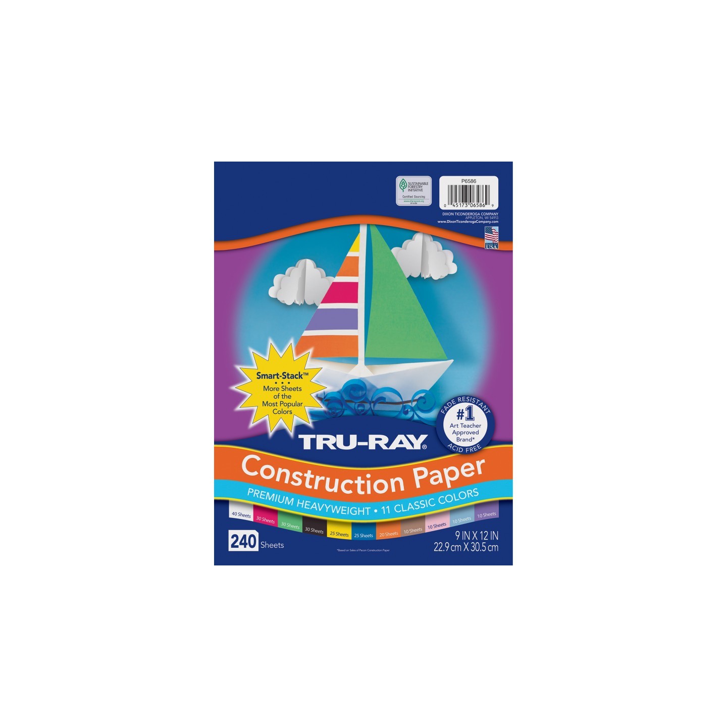 Tru-Ray® Construction Paper Smart-Stack, Heavyweight, 11 Classic Colors, 9" x 12", 240 Sheets