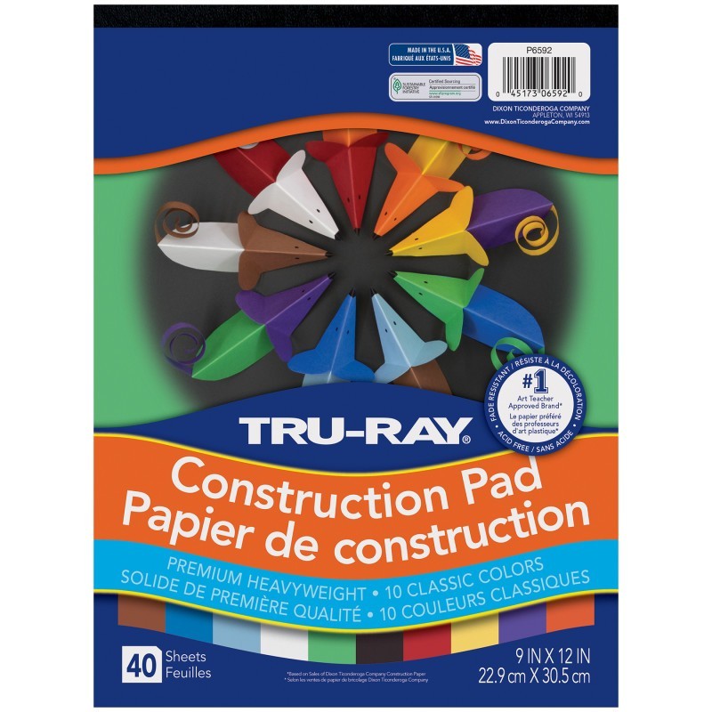 Tru-Ray® Construction Paper Pad, Heavyweight, 10 Classic Colors, 9" x 12", 40 Sheets
