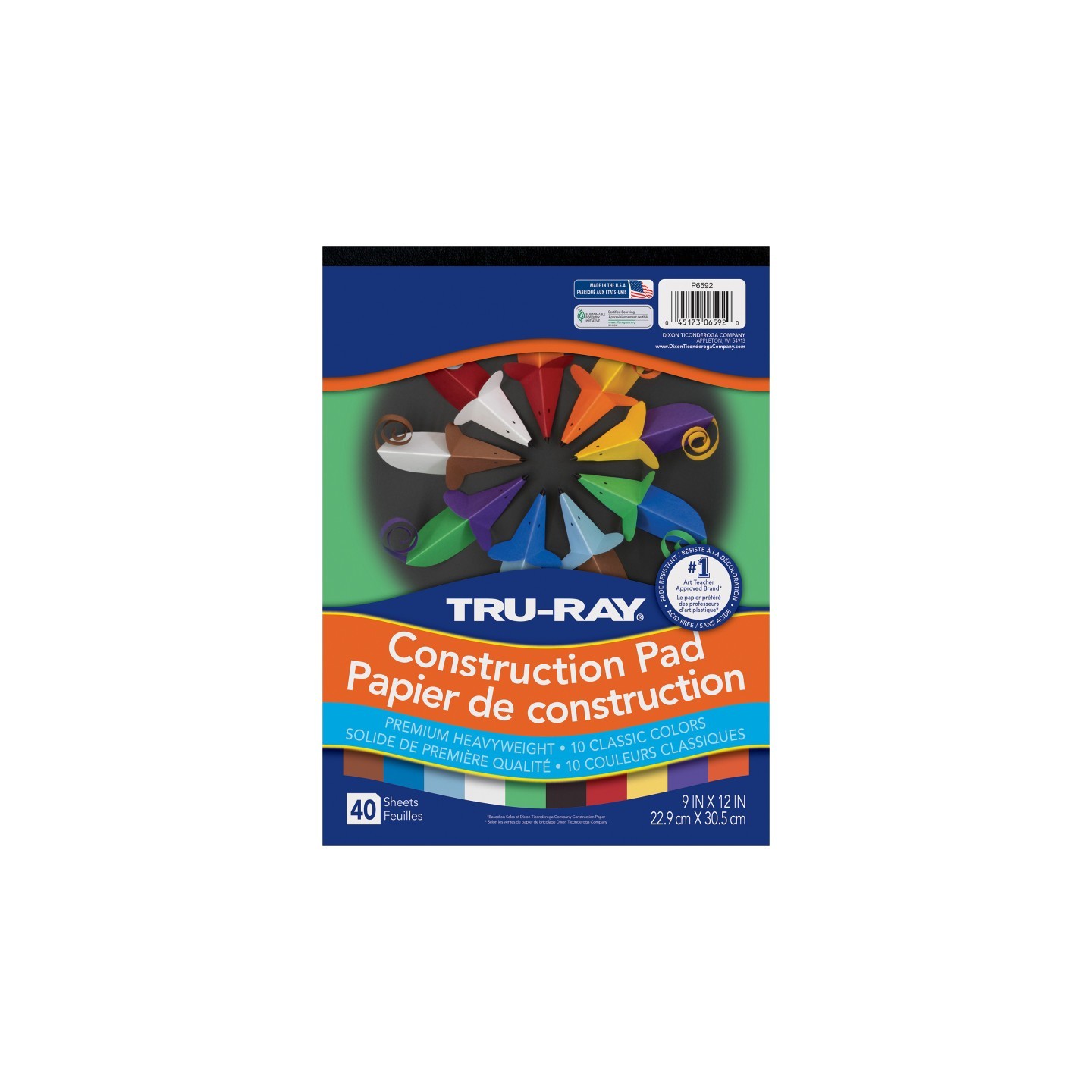 Tru-Ray® Construction Paper Pad, Heavyweight, 10 Classic Colors, 9" x 12", 40 Sheets