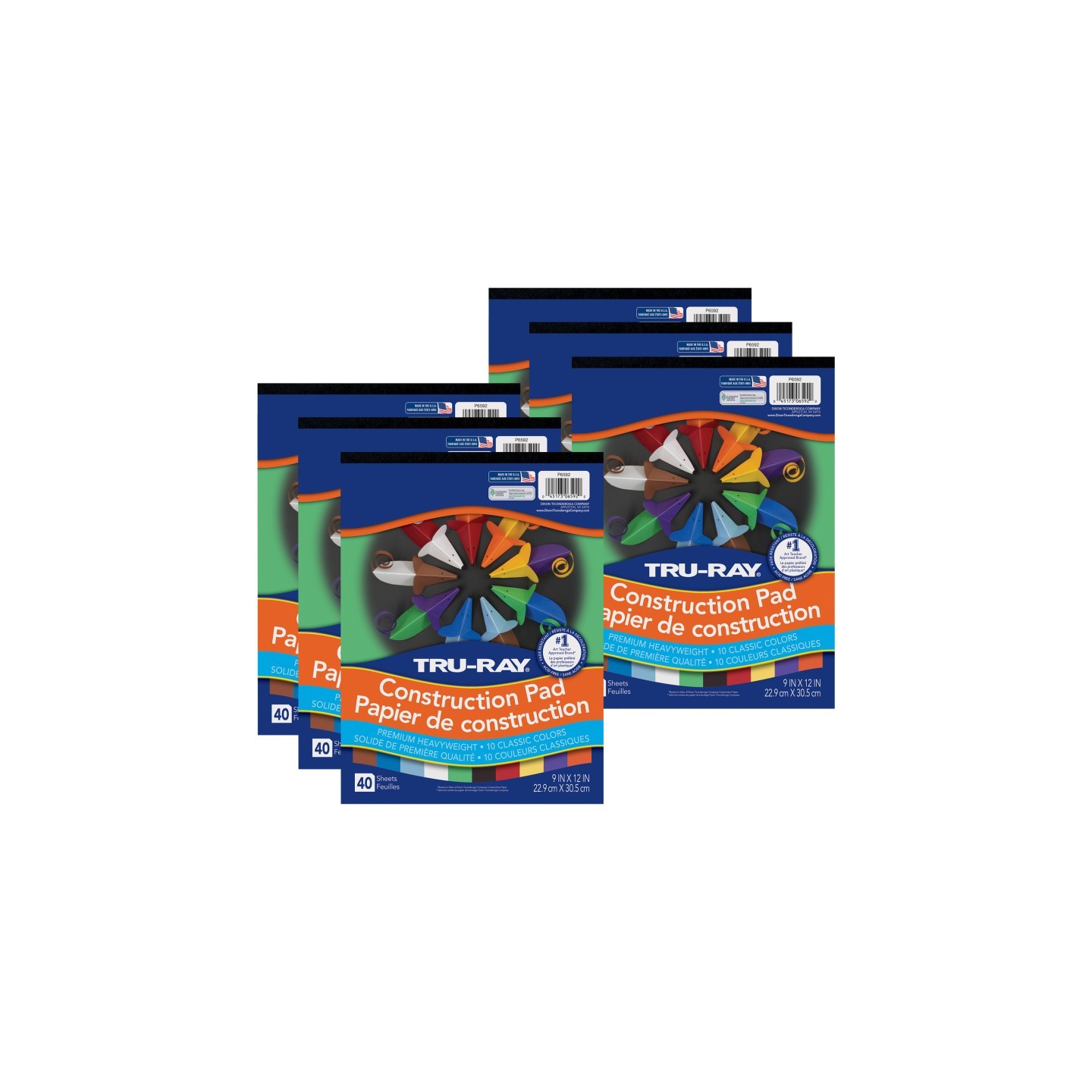 Tru-Ray® Construction Paper Pad, Heavyweight, 10 Classic Colors, 9" x 12", 40 Sheets, Pack of 6