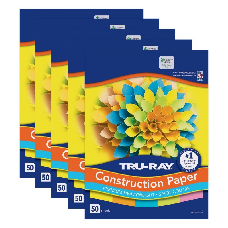 Tru-Ray® Construction Paper, Heavyweight, 5 Assorted Hot Colors, 9" x 12", 50 Sheets Per Pack, 5 Packs