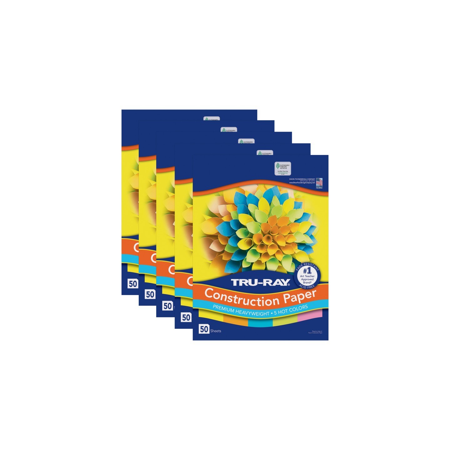 Tru-Ray® Construction Paper, Heavyweight, 5 Assorted Hot Colors, 9" x 12", 50 Sheets Per Pack, 5 Packs