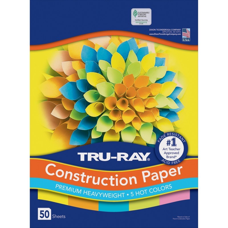 Tru-Ray® Construction Paper, Heavyweight, 5 Assorted Hot Colors, 12" x 18", 50 Sheets