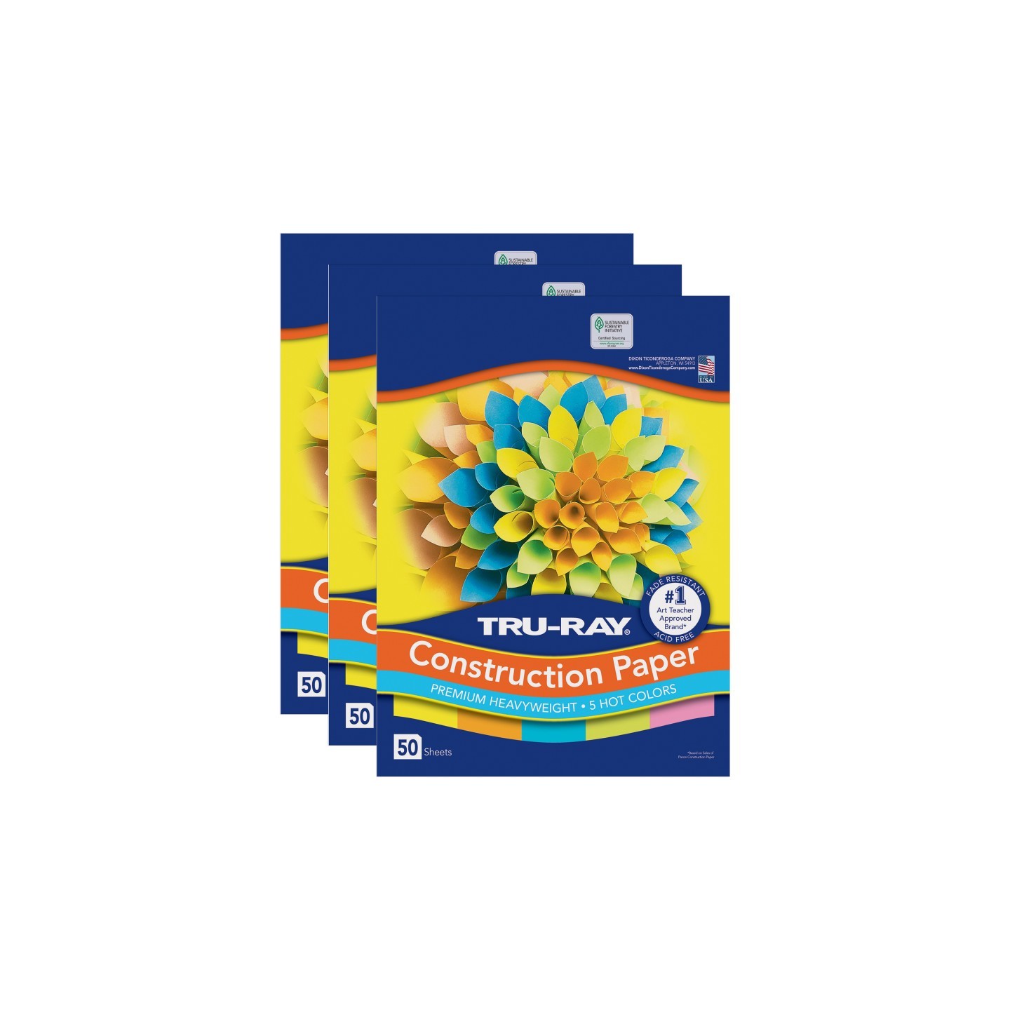 Tru-Ray® Construction Paper, Heavyweight, 5 Assorted Hot Colors, 12" x 18", 50 Sheets Per Pack, 3 Packs