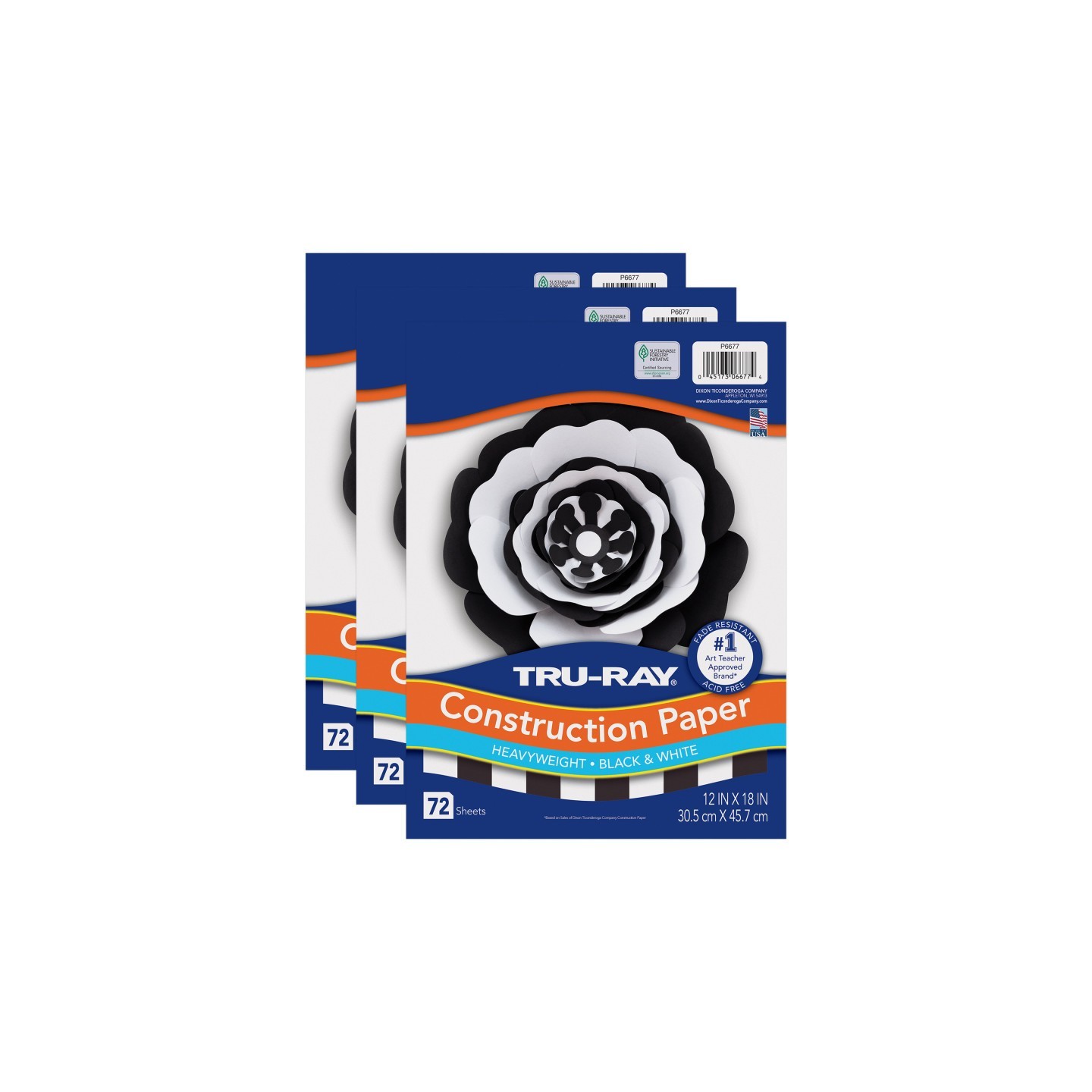 Tru-Ray® Premium Construction Paper, Heavyweight, Black & White, 12" x 18", 72 Sheets Per Pack, 3 Packs