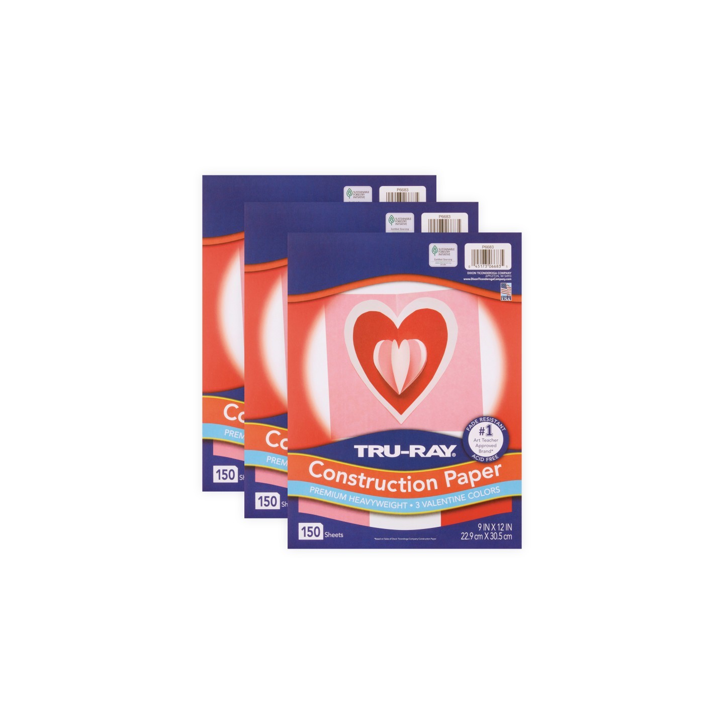 Tru-Ray® Construction Paper, Heavyweight, Valentine Assortment, 9" x 12", 150 Sheets Per Pack, 3 Packs