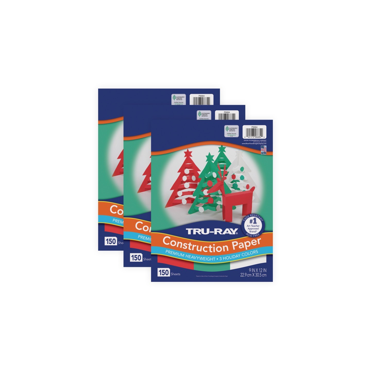 Tru-Ray® Construction Paper, Heavyweight, Holiday Assortment, 9" x 12", 150 Sheets Per Pack, 3 Packs