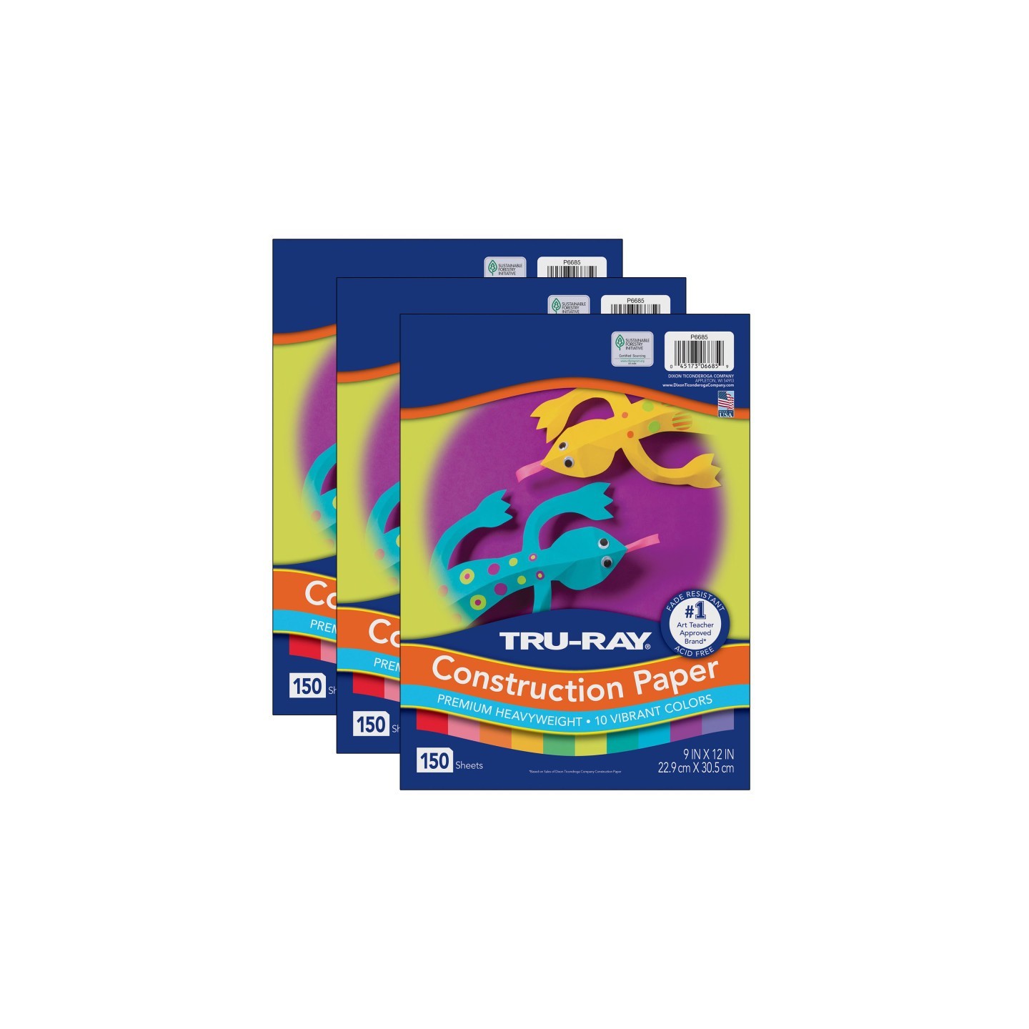 Tru-Ray® Construction Paper, Heavyweight, 10 Vibrant Colors, 9" x 12", 150 Sheets Per Pack, 3 Packs