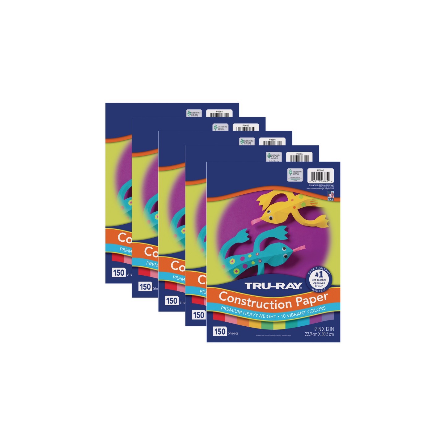 Tru-Ray® Construction Paper, Heavyweight, 10 Vibrant Colors, 9" x 12", 150 Sheets Per Pack, 5 Packs