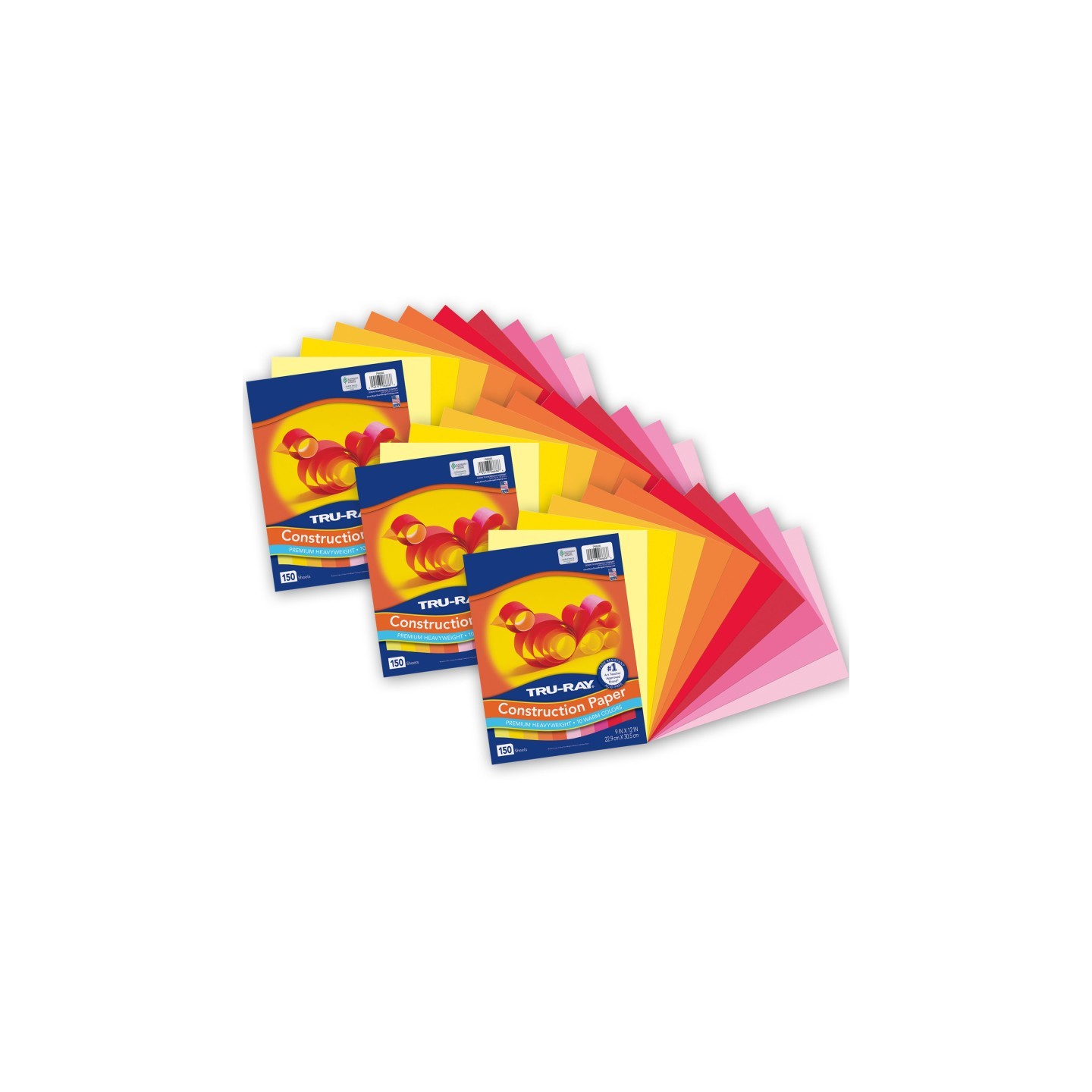 Tru-Ray® Construction Paper, Heavyweight, Warm Assorted, 9" x 12", 150 Sheets Per Pack, 3 Packs
