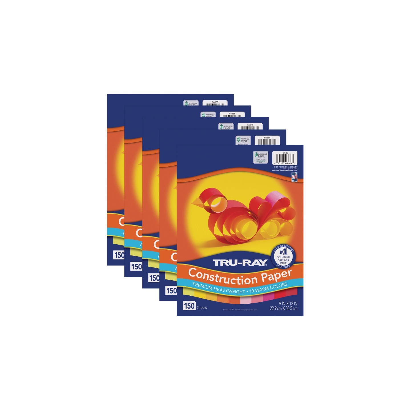 Tru-Ray® Construction Paper, Heavyweight, Warm Assorted, 9" x 12", 150 Sheets Per Pack, 5 Packs