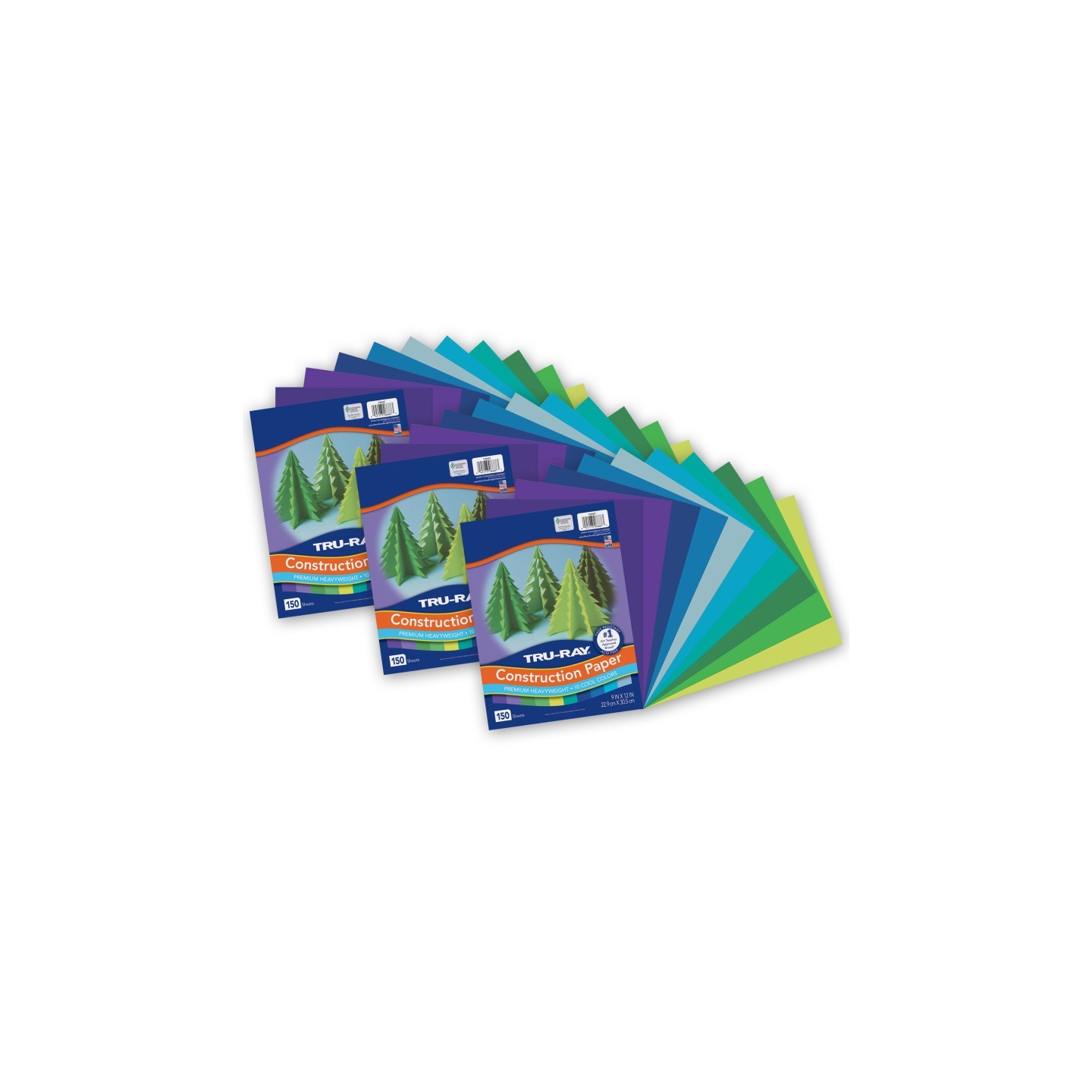 Tru-Ray® Construction Paper, Heavyweight, Cool Assorted, 9" x 12", 150 Sheets Per Pack, 3 Packs