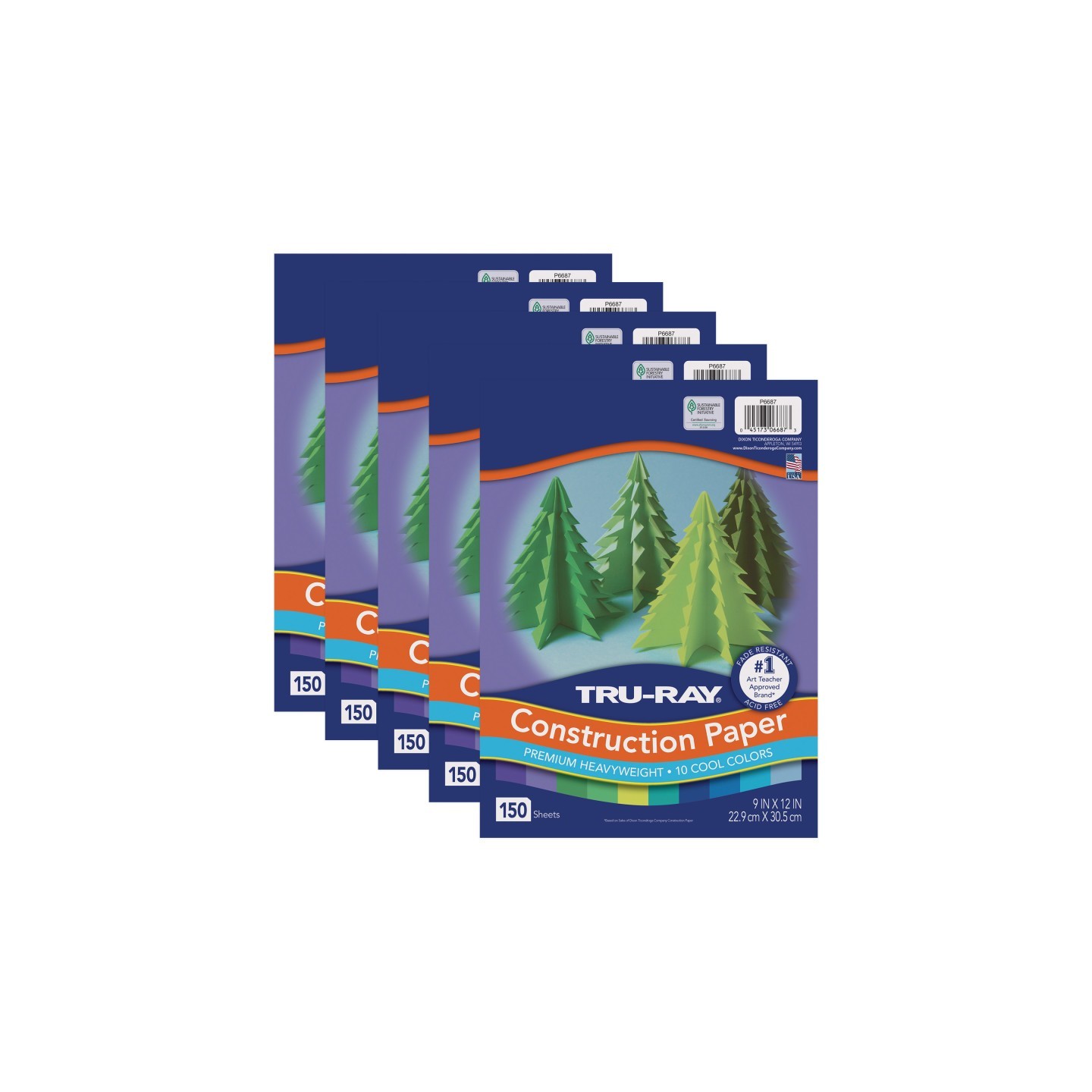 Tru-Ray® Construction Paper, Heavyweight, Cool Assorted, 9" x 12", 150 Sheets Per Pack, 5 Packs