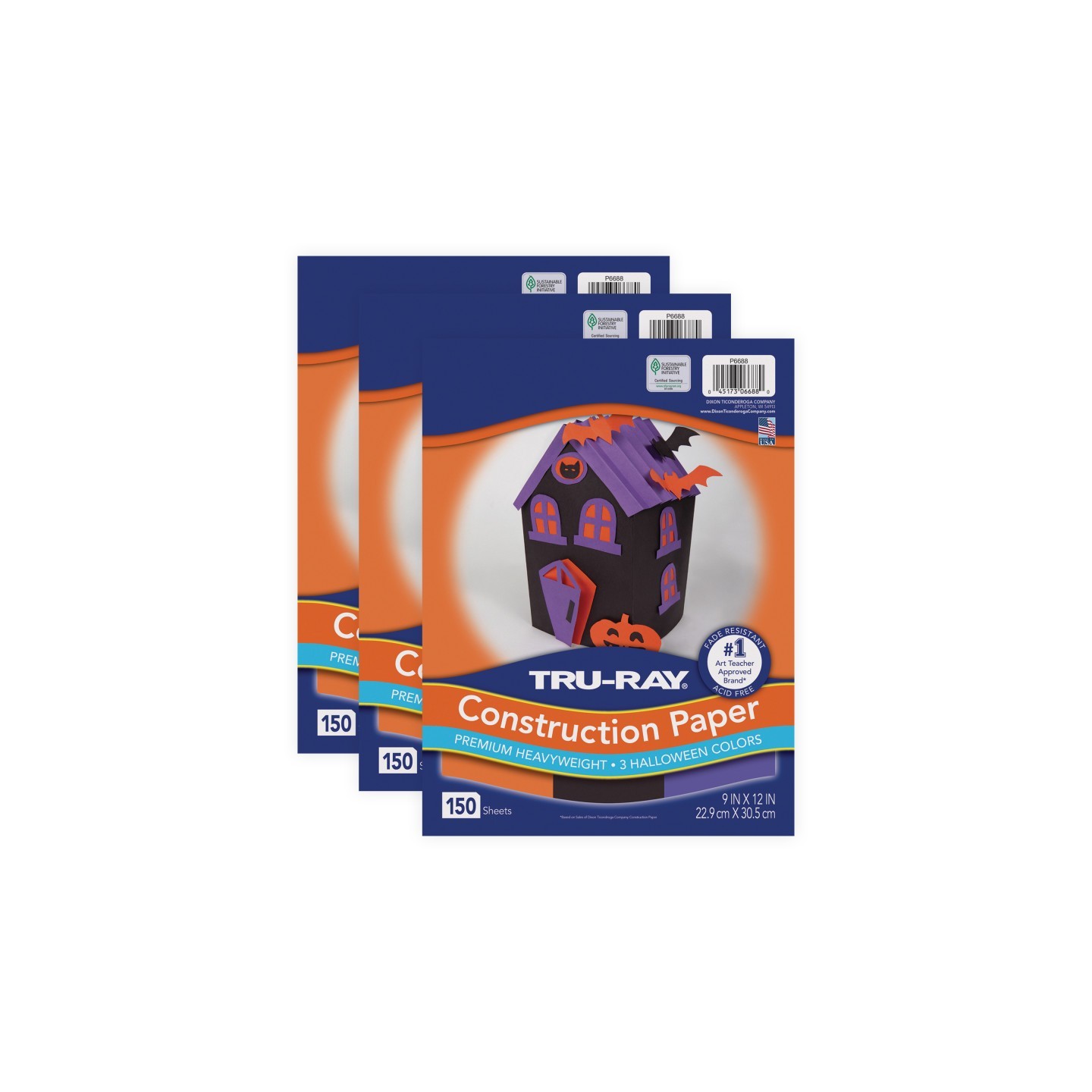Tru-Ray® Construction Paper, Heavyweight, Halloween Assortment, Black, Orange, Purple, 9" x 12", 150 sheets Per Pack, 3 Packs