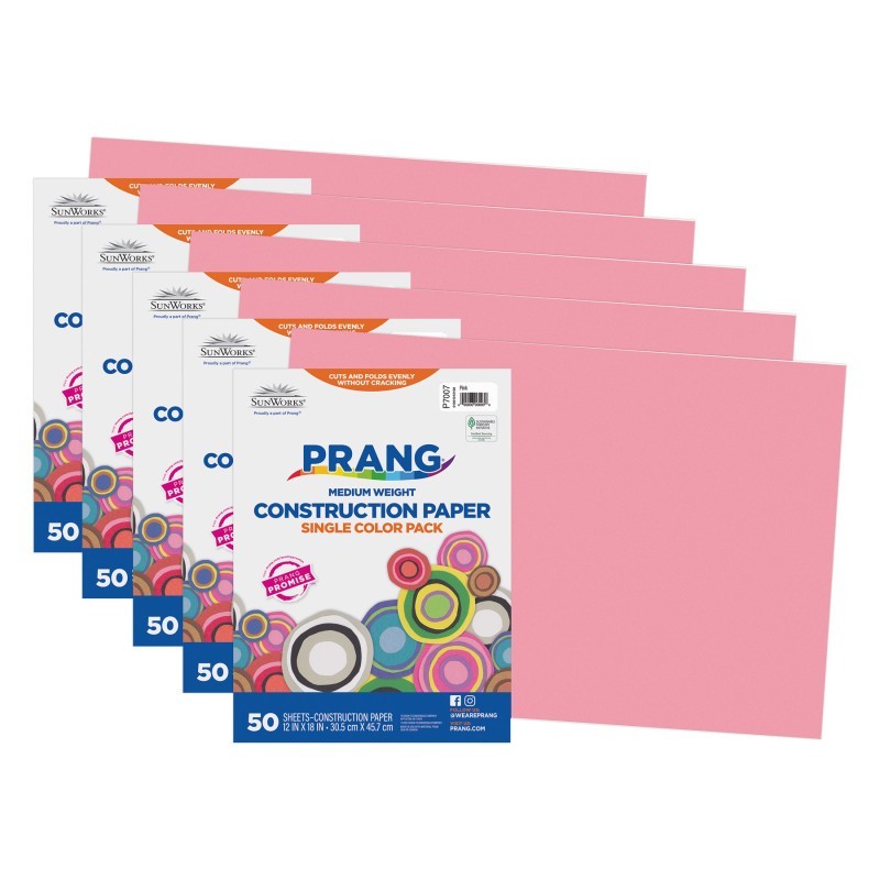 Prang® Construction Paper, Medium Weight, Pink, 12" x 18", 50 Sheets Per Pack, 5 Packs