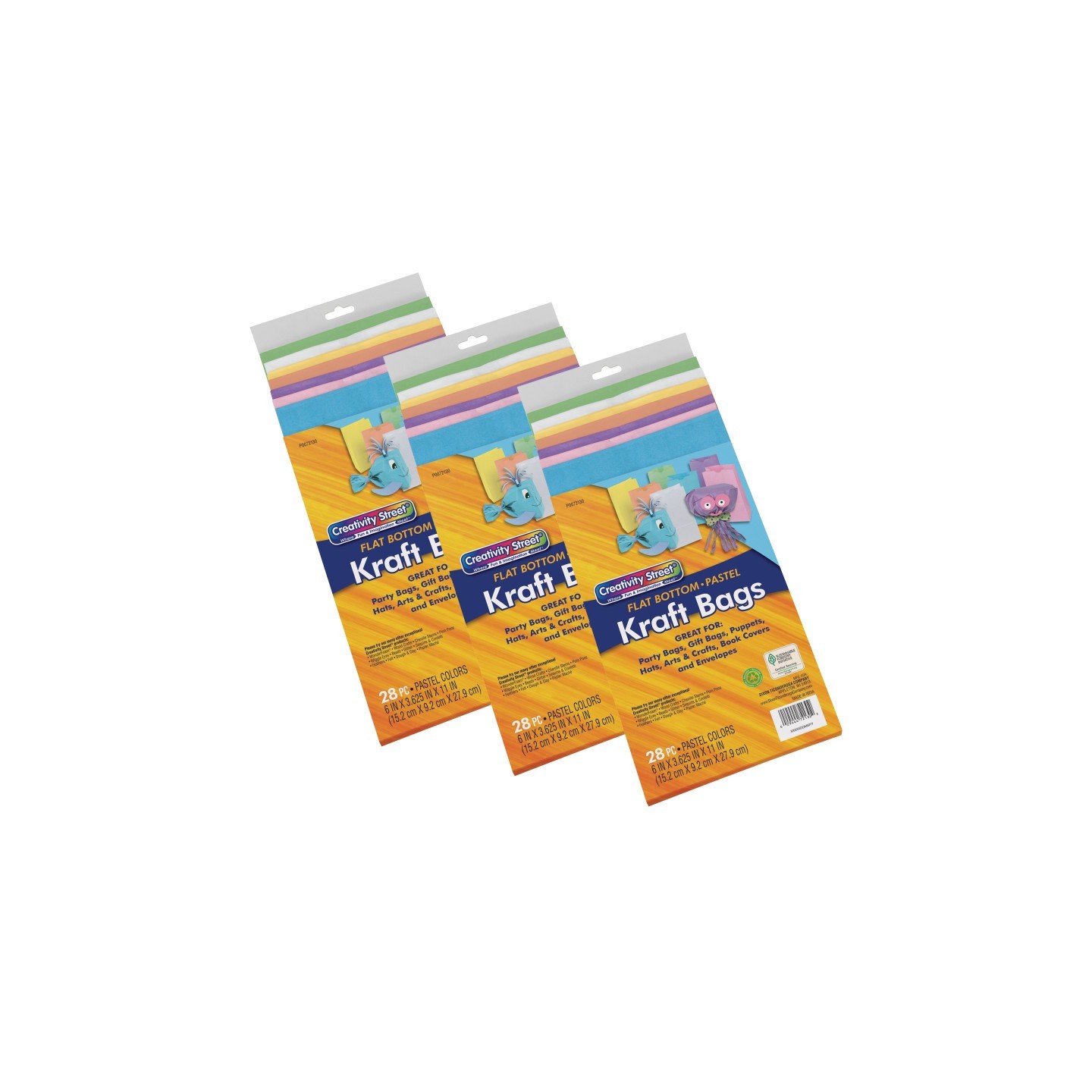 Creativity Street® Kraft Bag, Assorted Pastel Colors, 6" x 3-5/8" x 11", 28 Per Pack, 3 Packs