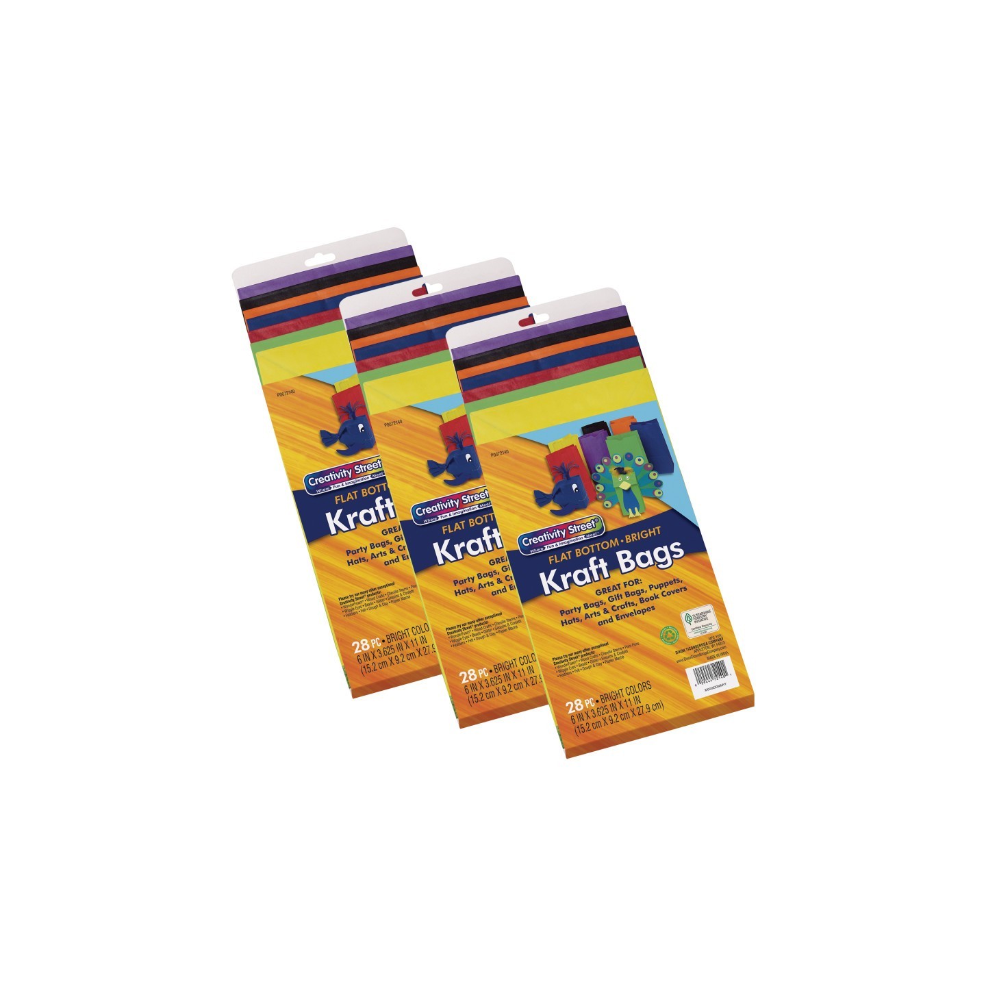 Creativity Street® Kraft Bag, Assorted Bright Colors, 6" x 3-5/8" x 11", 28 Per Pack, 3 Packs