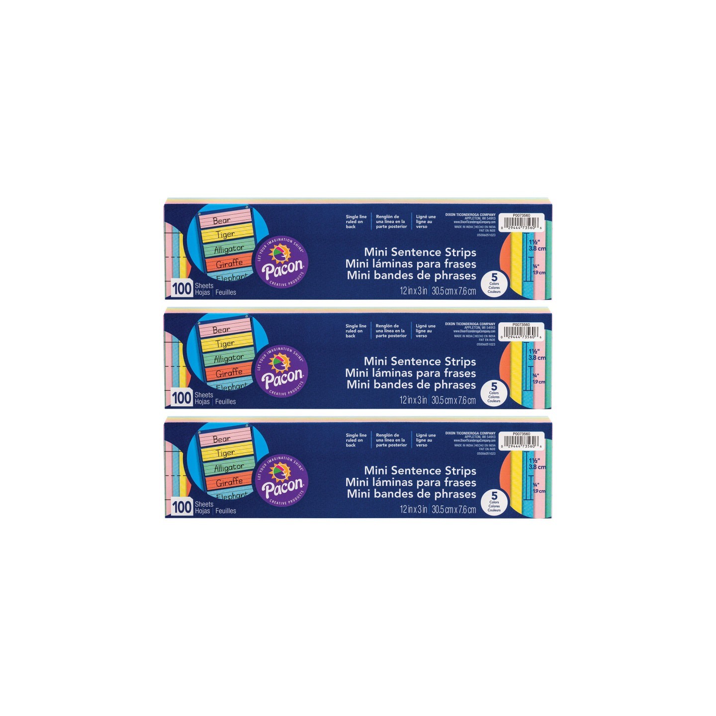 Pacon® Mini Sentence Strips, 5 Assorted Colors, 1-1/2" x 3/4" Ruled, 3" x 12", 100 Per Pack, 3 Packs