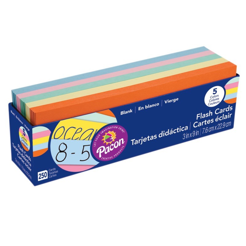 Pacon® Blank Flash Card Dispenser Box, 5 Assorted Colors, Unruled 3" x 9", 250 Cards