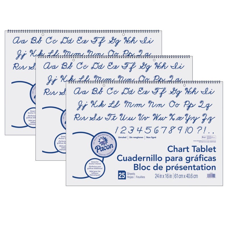 Pacon® Chart Tablet, Cursive Cover, Unruled 24" x 16", 25 Sheets, 3 Tablets
