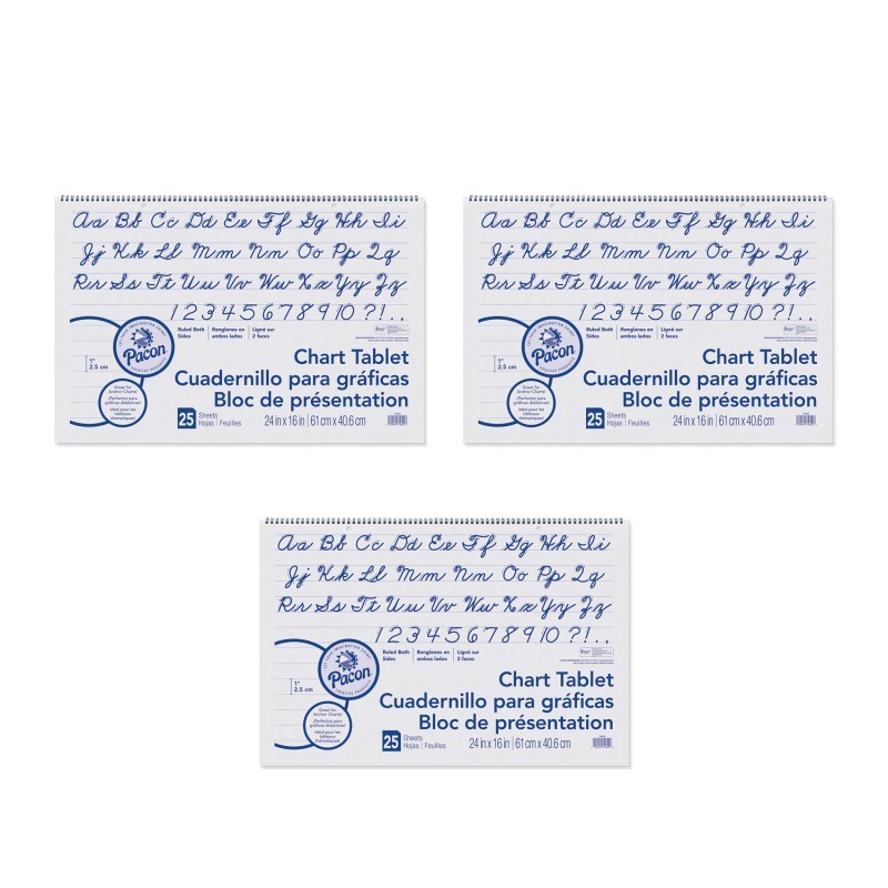 Pacon® Chart Tablet, Cursive Cover, 1" Ruled, 24" x 16", 25 Sheets Per Tablet, 3 Tablets