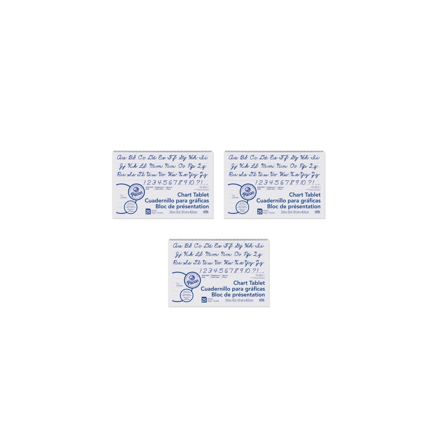 Pacon® Chart Tablet, Cursive Cover, 1" Ruled, 24" x 16", 25 Sheets Per Tablet, 3 Tablets