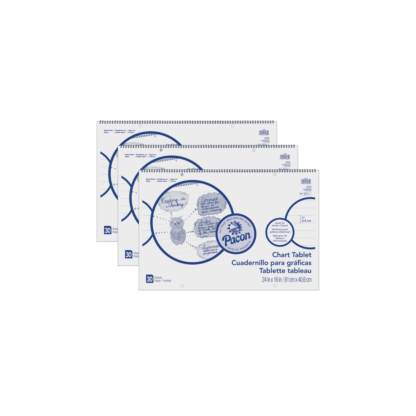 Pacon® Chart Tablet, Cursive Cover, 1" Ruled, 24" x 16", 30 Sheets Per Tablet, 3 Tablets