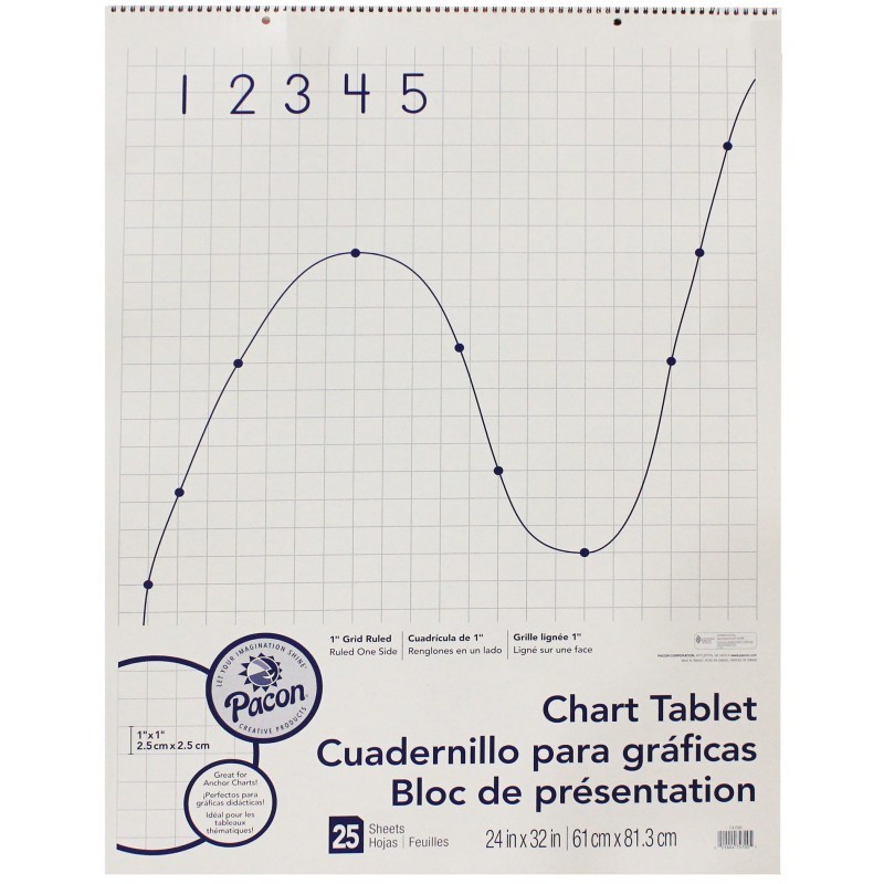 Pacon® Grid Ruled Chart Tablet, Spiral Bound, 1" Grid, 24" x 32", 25 Sheets
