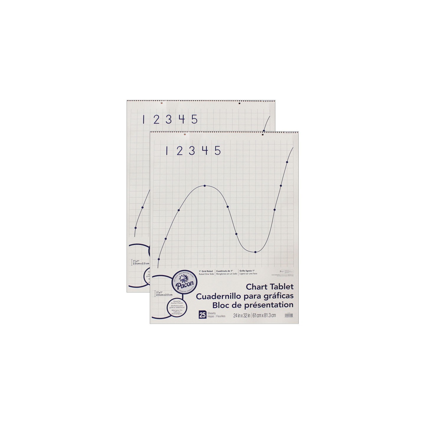 Pacon® Grid Ruled Chart Tablet, Spiral Bound, 1" Grid, 24" x 32", 25 Sheets, Pack of 2