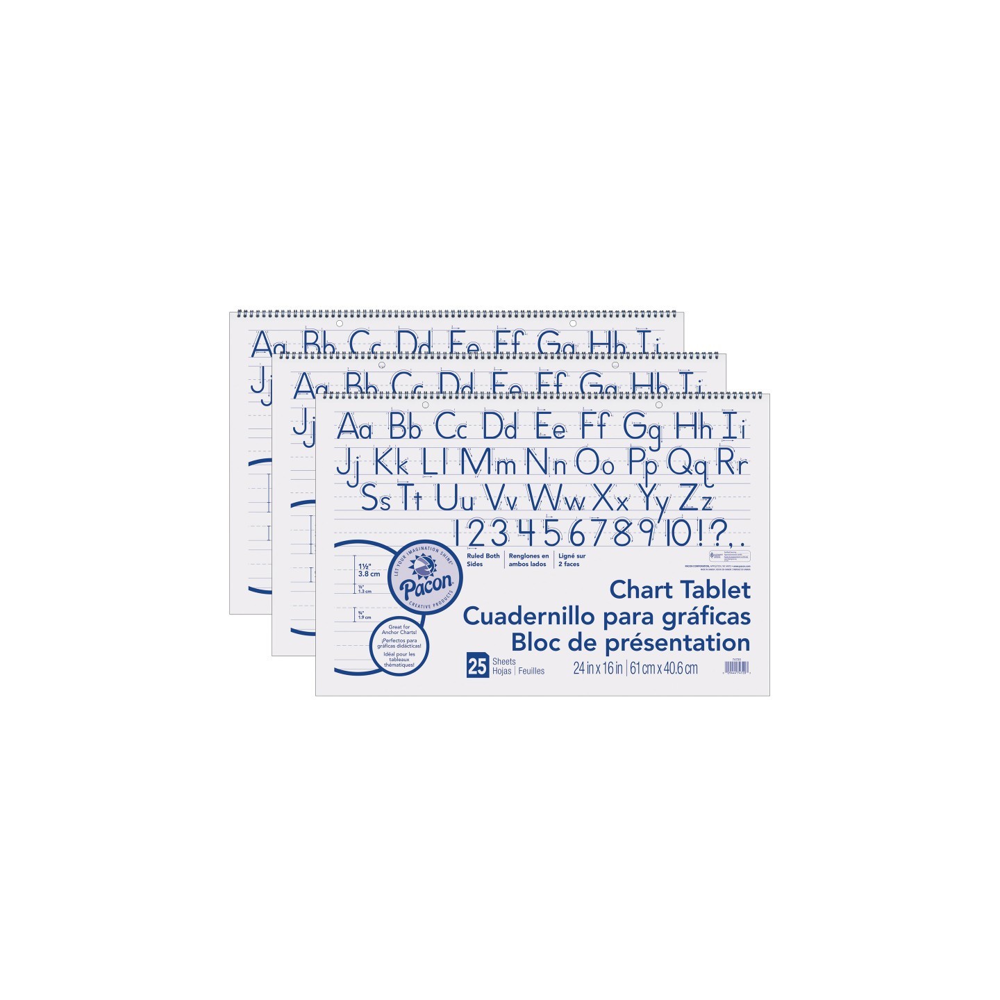 Pacon® Chart Tablet, Manuscript Cover, 1-1/2" Ruled, 24" x 16", 25 Sheets, Pack of 3