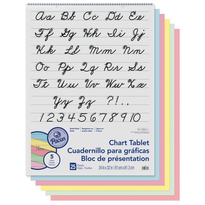 Pacon® Colored Paper Chart Tablet, Cursive Cover, Asst, 1" Ruled. 24" x 32", 25 Sheets