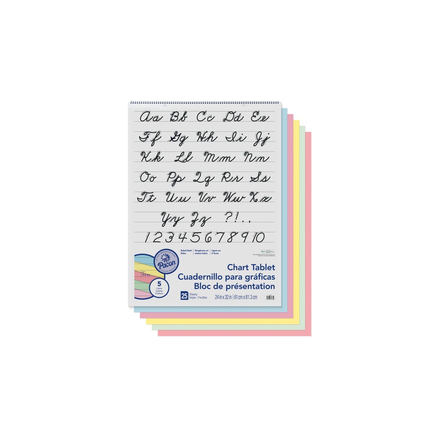 Pacon® Colored Paper Chart Tablet, Cursive Cover, Asst, 1" Ruled. 24" x 32", 25 Sheets