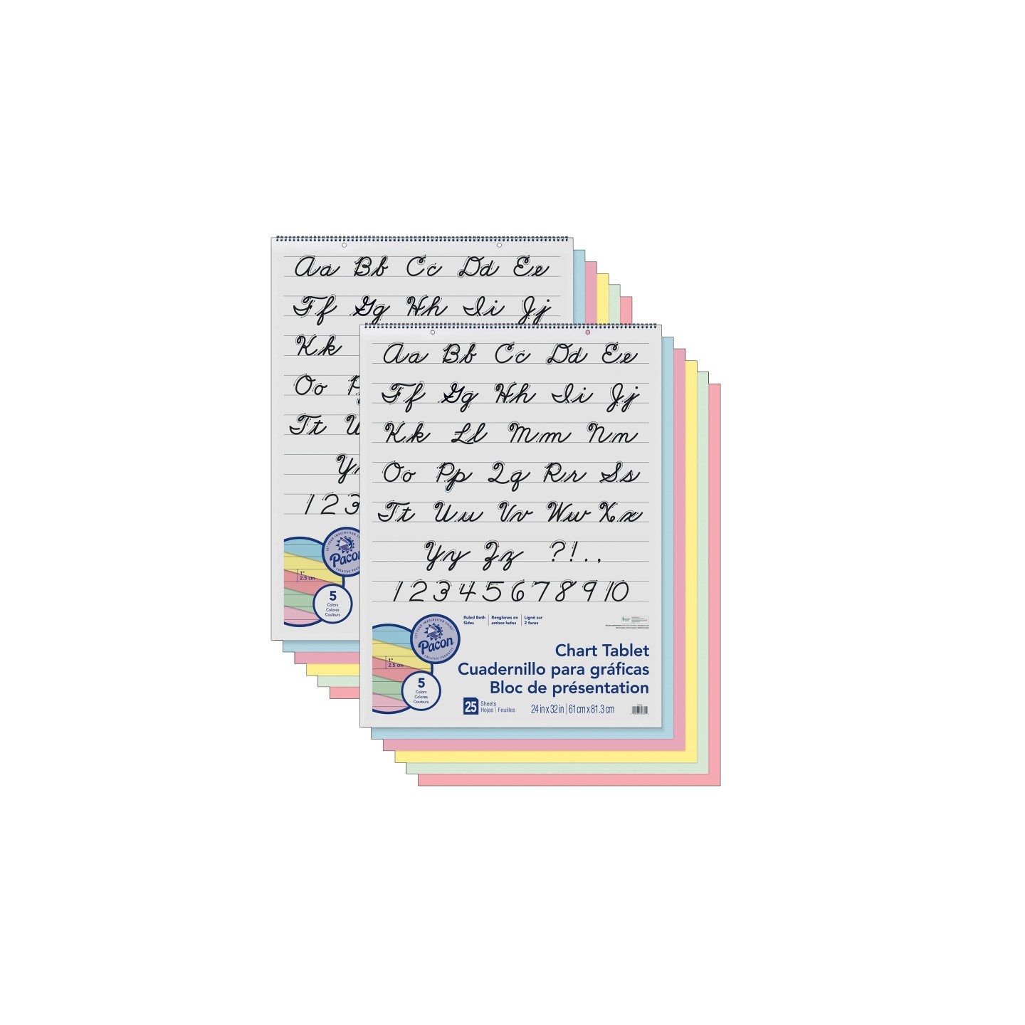 Pacon® Colored Paper Chart Tablet, Cursive Cover, 5 Assorted Colors, 1" Ruled, 24" x 32", 25 Sheets, Pack of 2