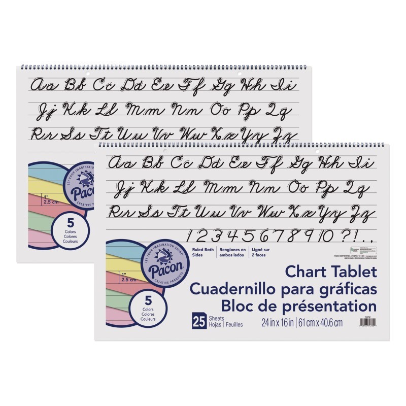 Pacon® Colored Paper Chart Tablet, Cursive Cover, 5 Assorted Colors, 1" Ruled, 24" x 16", 25 Sheets, Pack of 2