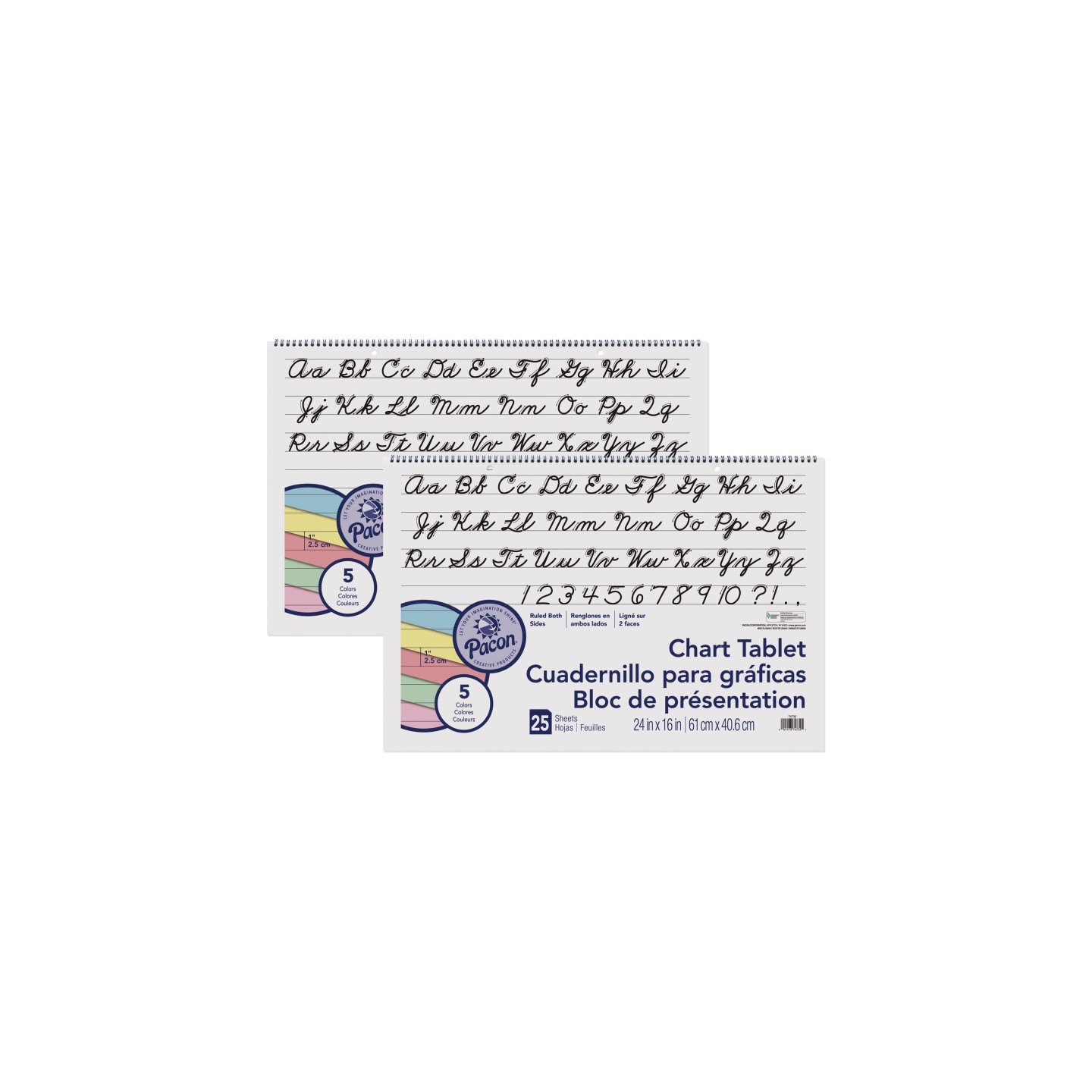 Pacon® Colored Paper Chart Tablet, Cursive Cover, 5 Assorted Colors, 1" Ruled, 24" x 16", 25 Sheets, Pack of 2