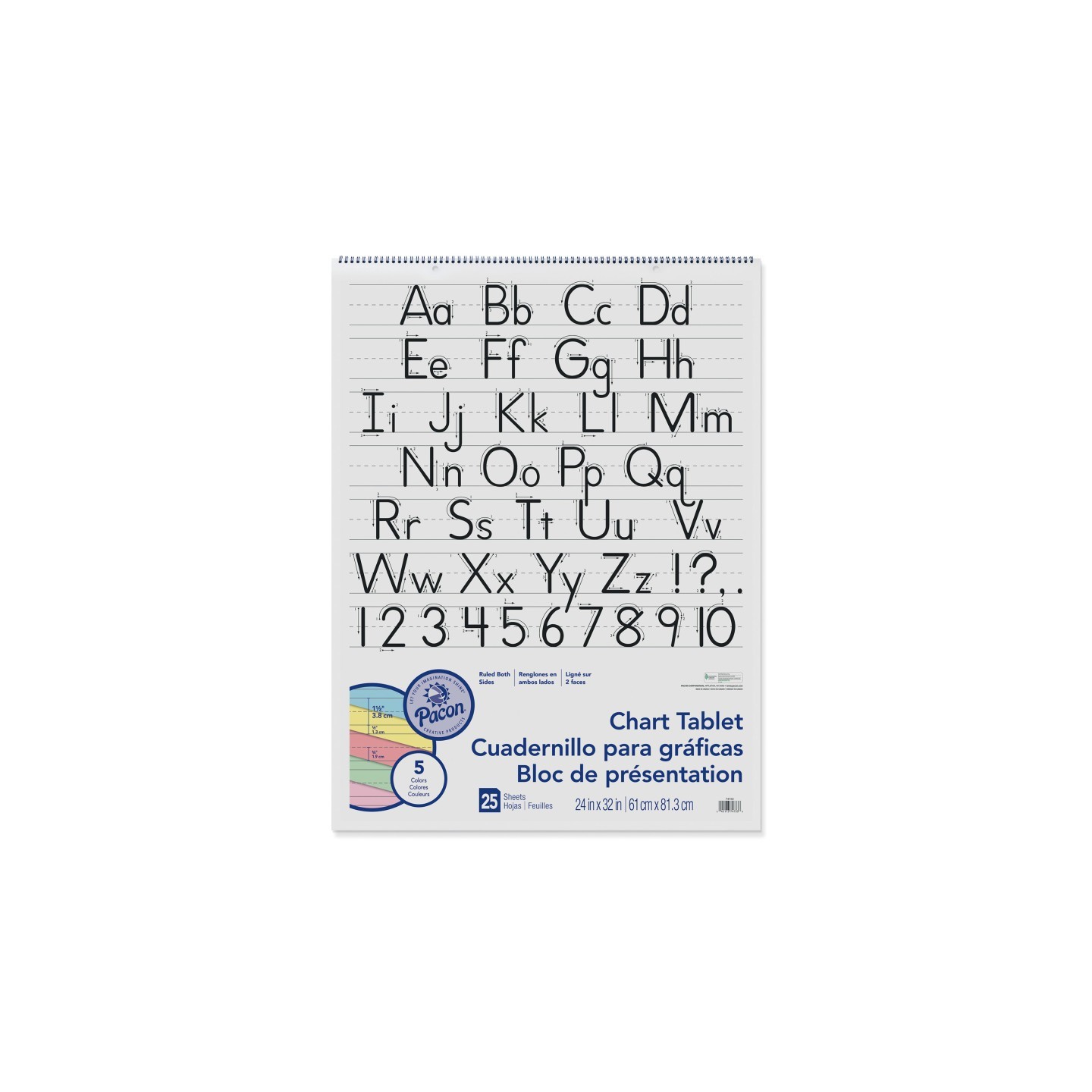 Pacon® Colored Paper Chart Tablet, Manuscript Cover, 5 Assorted Colors, 1-1/2" Ruled, 24" x 32", 25 Sheets