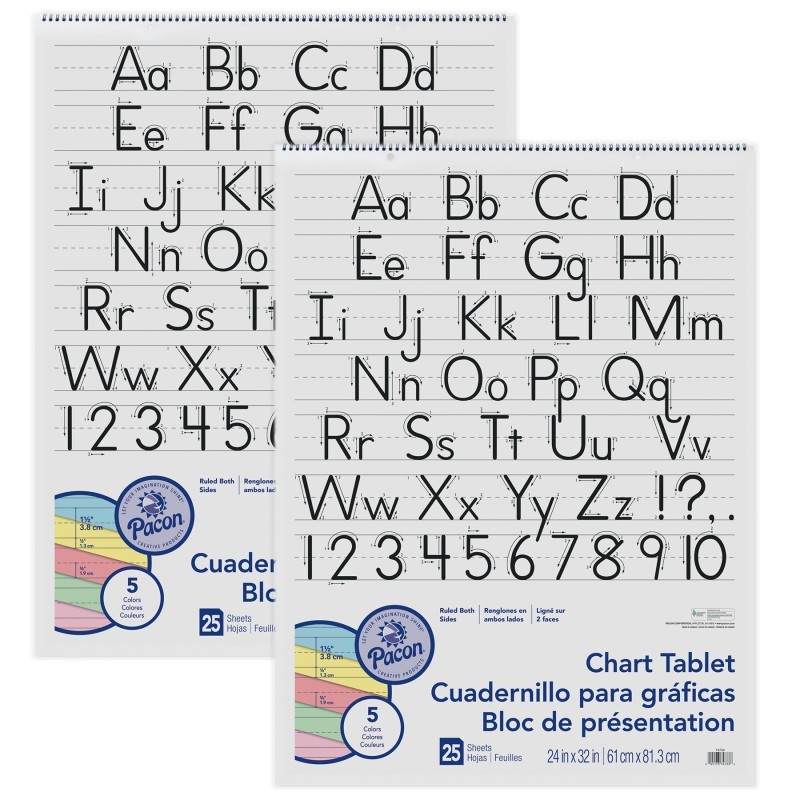 Pacon® Colored Paper Chart Tablet, Manuscript Cover, 5 Assorted Colors, 1-1/2" Ruled, 24" x 32", 25 Sheets, Pack of 2