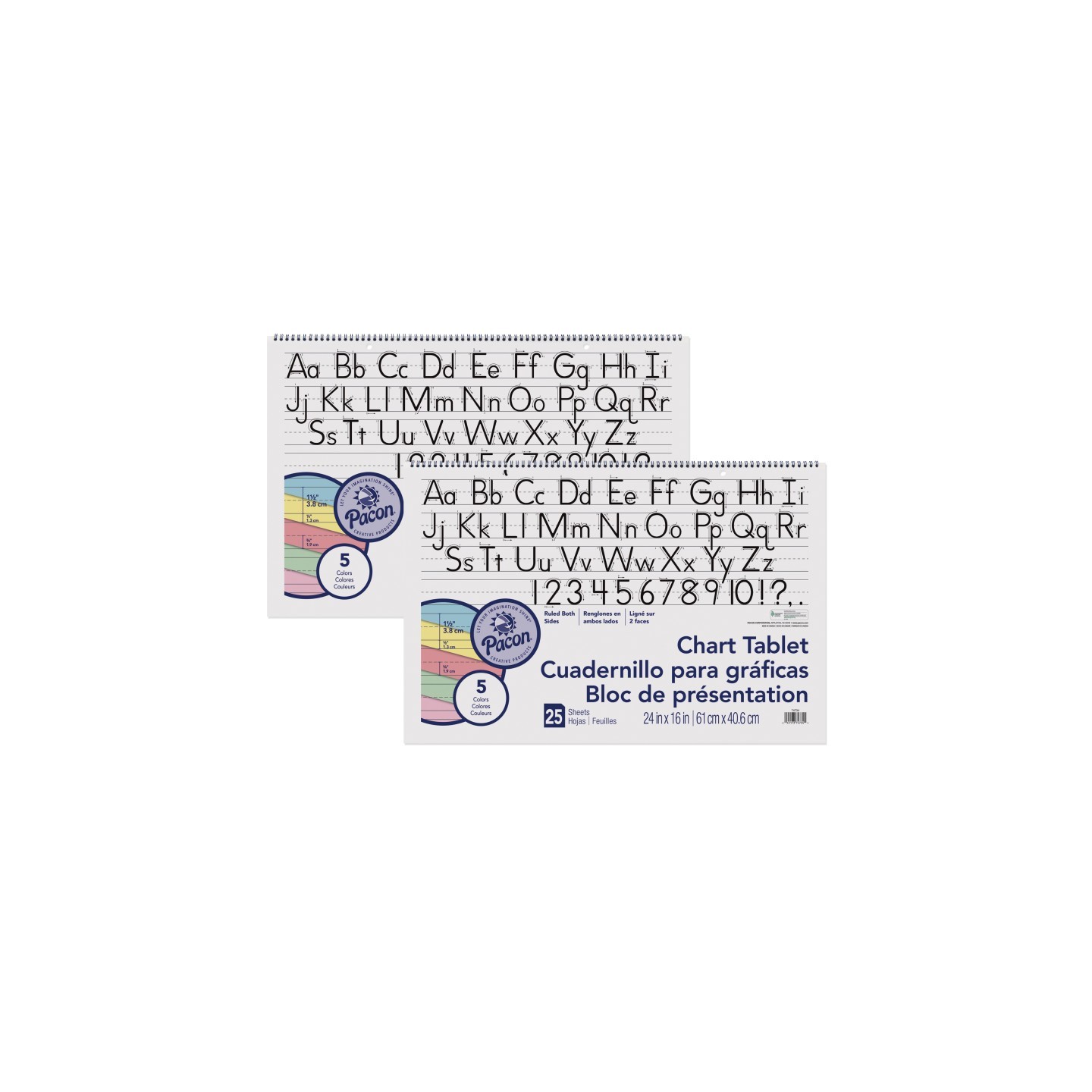 Pacon® Colored Paper Chart Tablet, Manuscript Cover, 5 Assorted Colors, 1-1/2" Ruled, 24" x 16", 25 Sheets, Pack of 2