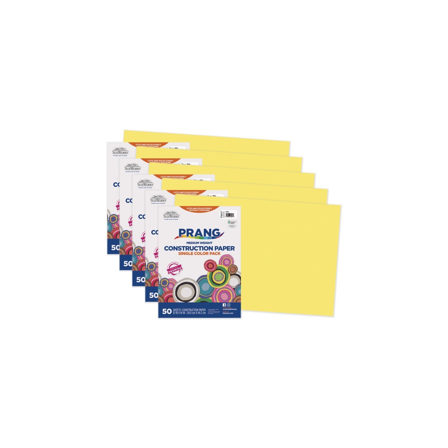 Prang® Construction Paper, Medium Weight, Yellow, 12" x 18", 50 Sheets Per Pack, 5 Packs