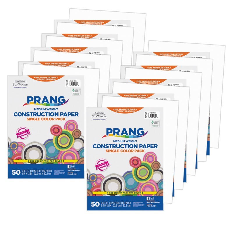 Prang® Construction Paper, Medium Weight, Bright White, 9" x 12", 50 Sheets Per Pack, 10 Packs