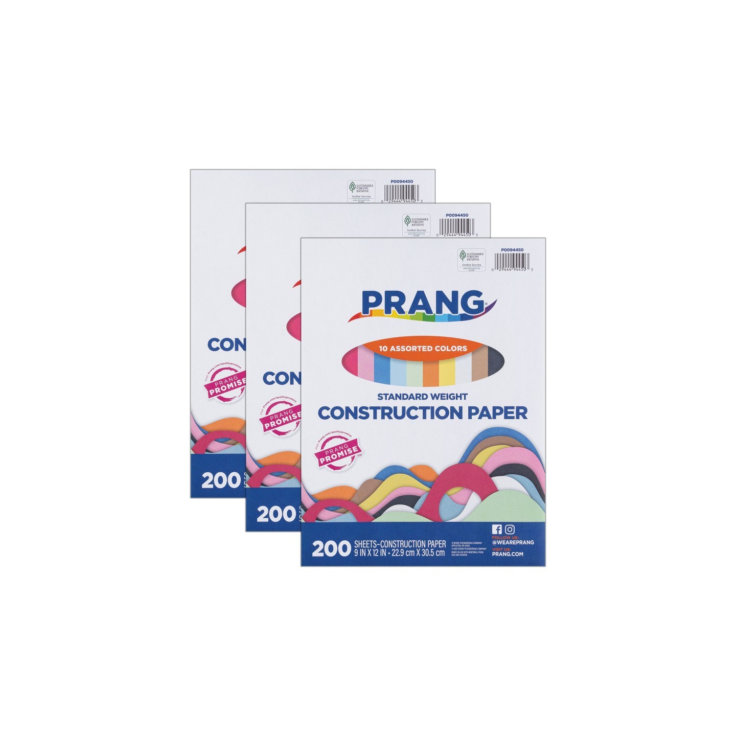 Prang® Construction Paper, Standard Weight, 10 Assorted Colors, 9" x 12", 200 Sheets Per Pack, 3 Packs
